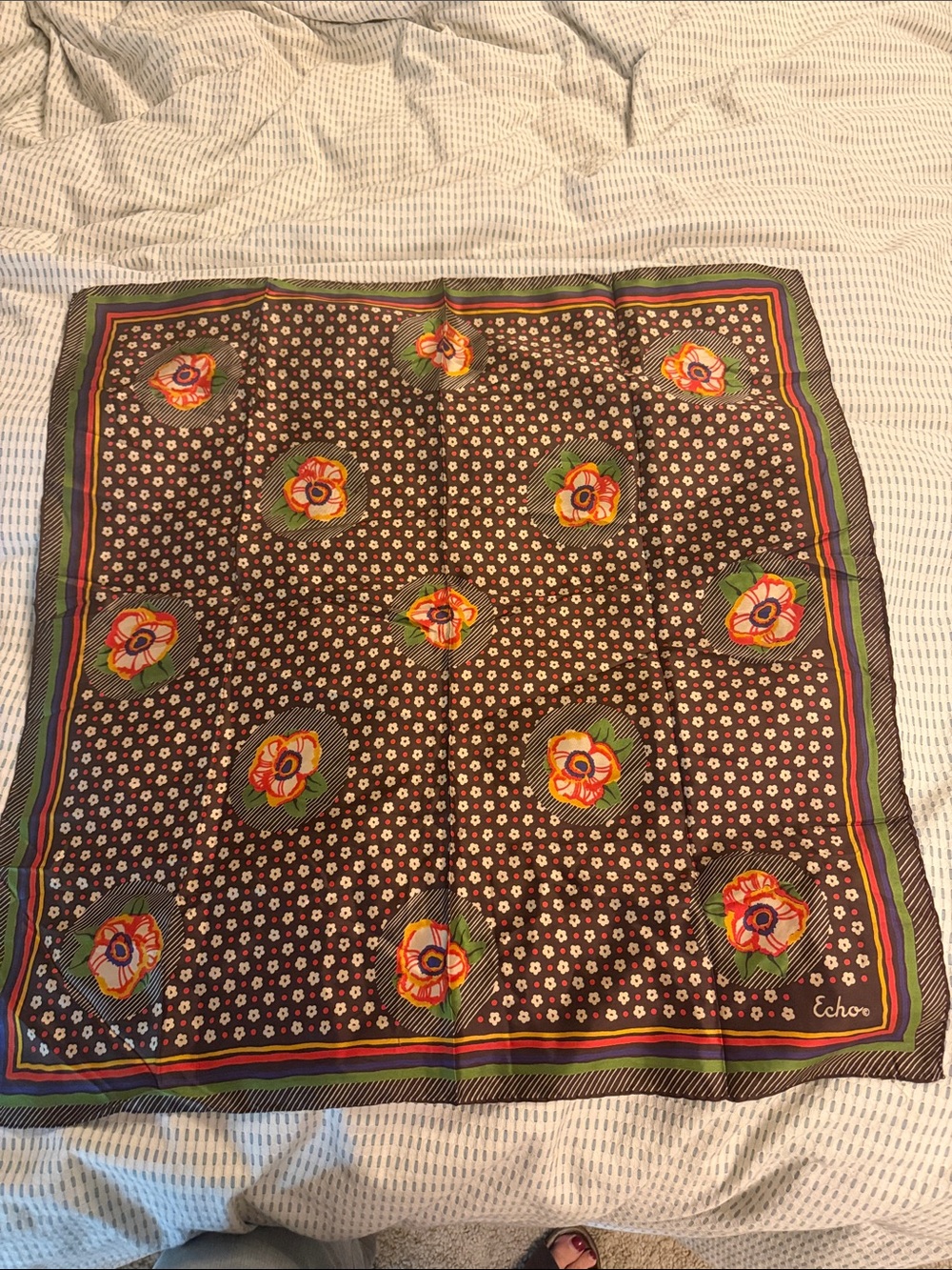 Vintage Echo Silk Scarf 1970s Mod Geometric Floral Chocolate Brown 27” Carré